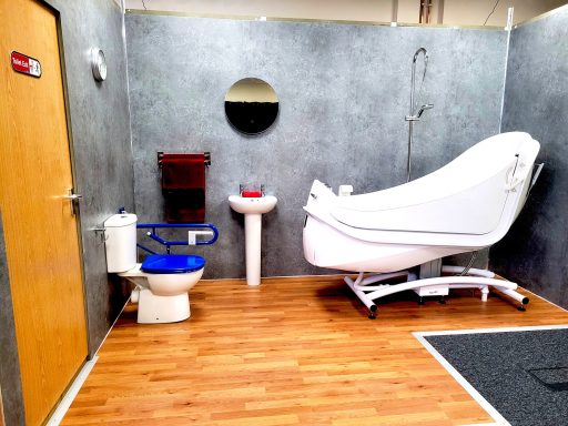 A photo of the bathroom set in the film studio with a fully operational medical bath.