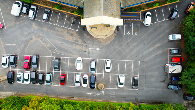 An aerial photo of the car park at the venue showing plenty of parking spaces