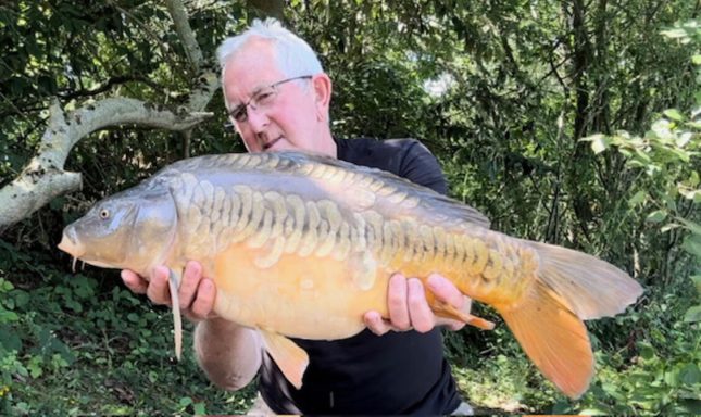 A photo of an angler holding a large zip linear mirror carp