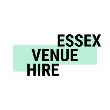 Essex Venue Hire Logo. Black text saying "Essex Venue Hire" over a green blocks behind each word.