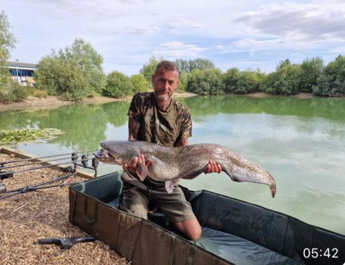 A photo of a fisherman holding a catfish with the lake in the background