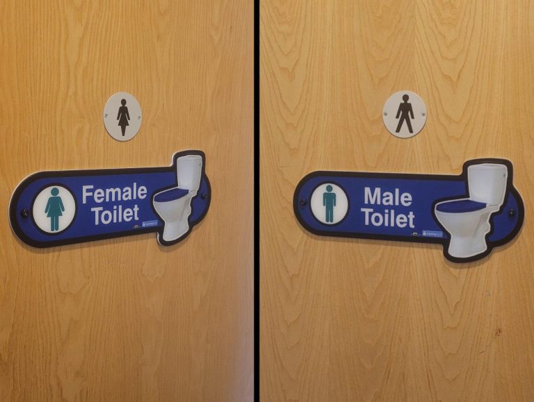 An image of two combined photos of Female and Male Toilet signs on wooden doors.