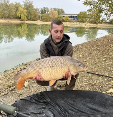 A photo of an angler holding a large common carp on the bank.